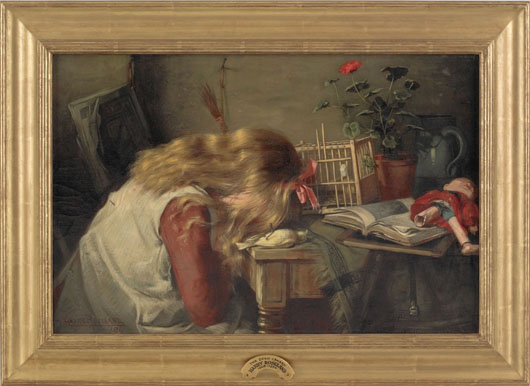 Harry Herman Roseland (American 1868-1950), oil on canvas titled ‘The Dead Canary,’ signed lower left and dated ’86, 14 1/2 x 22 inches. Estimate: $6,000-$9,000. Image courtesy of Pook & Pook.